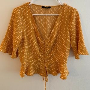Yellow Polka Dot Ruched V-Neck Top